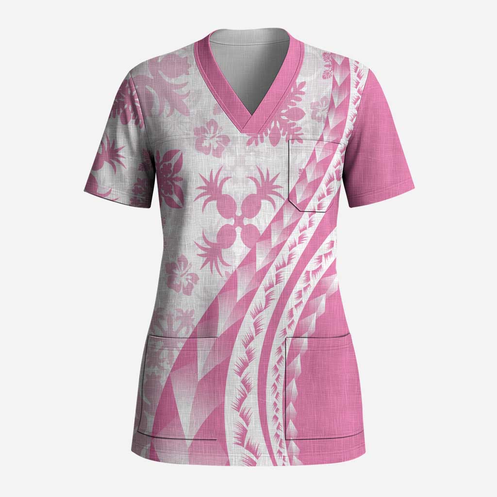Pink Hawaiian Quilt Pattern Scrub Top Mixed Polynesian Tribal Arty LT9 Adult Pink - Polynesian Pride