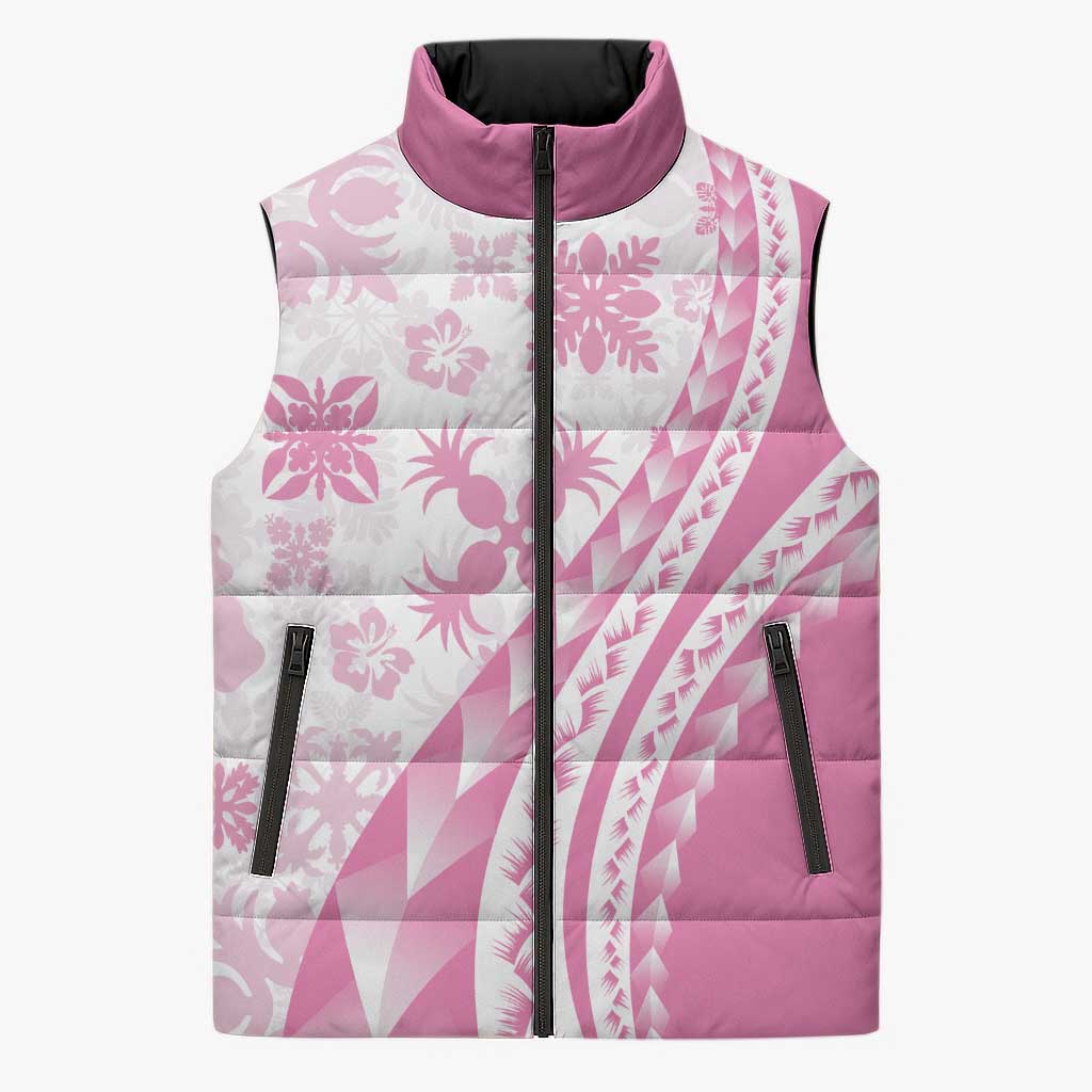 Pink Hawaiian Quilt Pattern Sleeveless Puffer Jacket Mixed Polynesian Tribal Arty LT9 Unisex Pink - Polynesian Pride