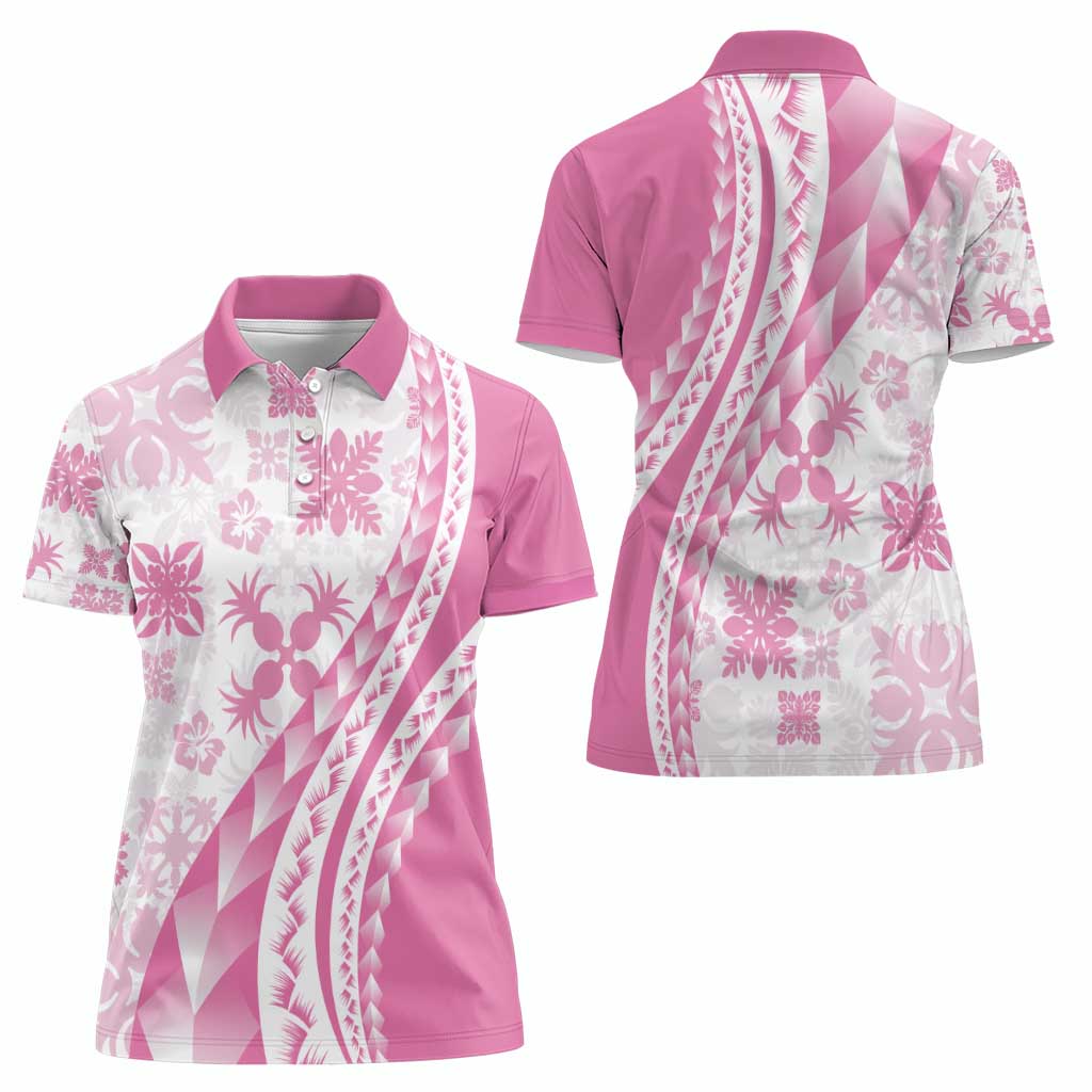 Pink Hawaiian Quilt Pattern Women Polo Shirt Mixed Polynesian Tribal Arty LT9 - Polynesian Pride