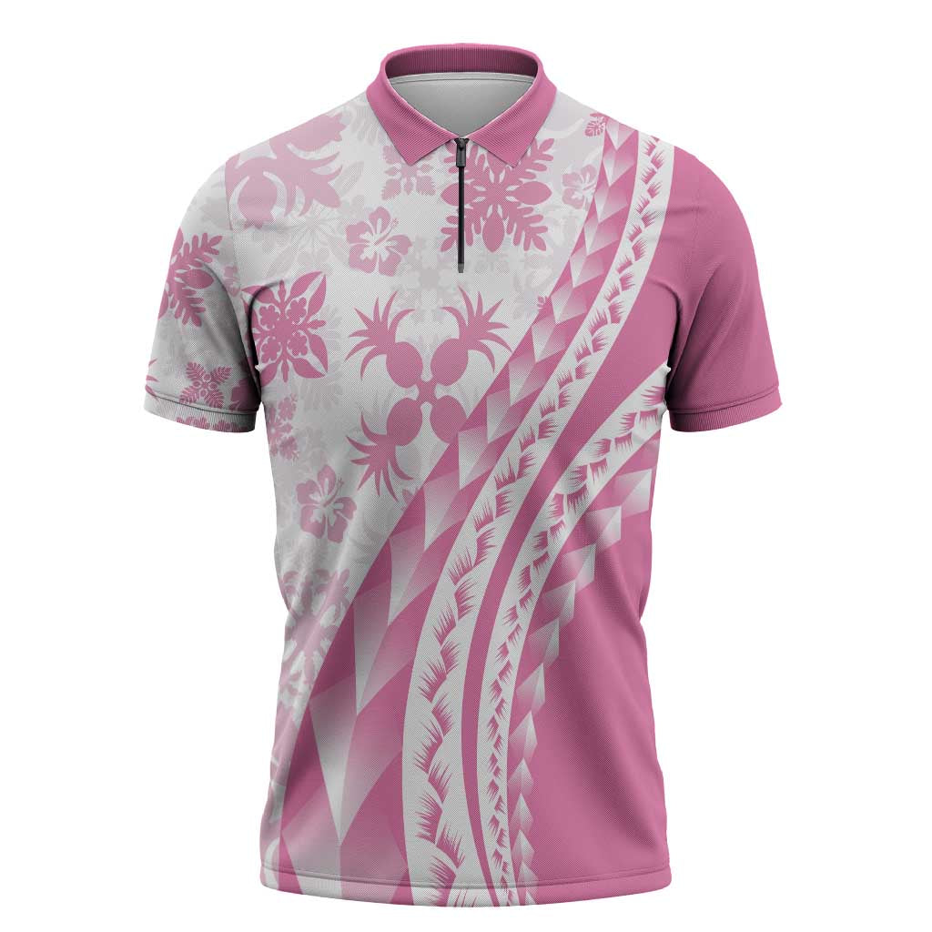 Pink Hawaiian Quilt Pattern Zipper Polo Shirt Mixed Polynesian Tribal Arty LT9 Pink - Polynesian Pride
