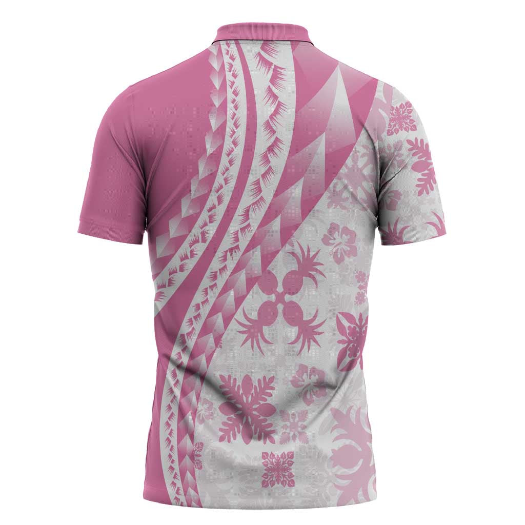 Pink Hawaiian Quilt Pattern Zipper Polo Shirt Mixed Polynesian Tribal Arty LT9 - Polynesian Pride
