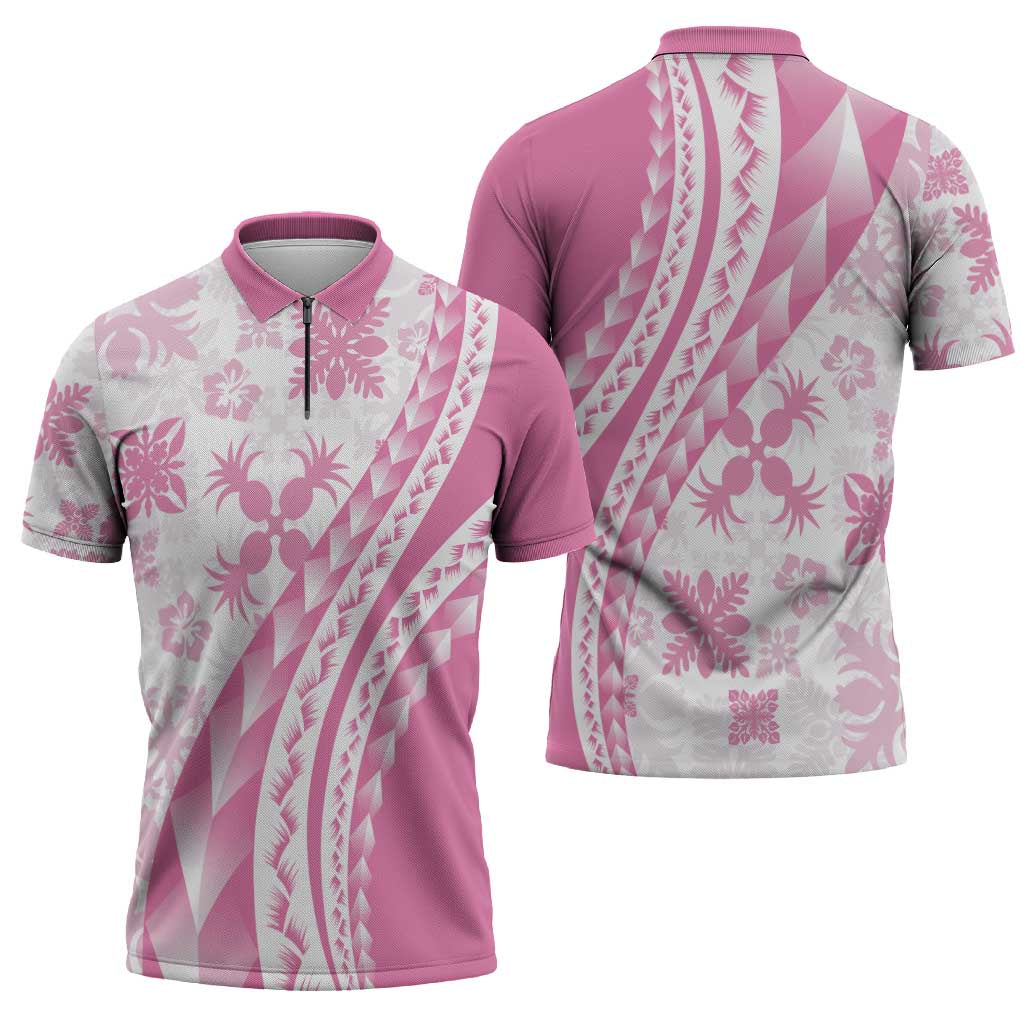Pink Hawaiian Quilt Pattern Zipper Polo Shirt Mixed Polynesian Tribal Arty LT9 - Polynesian Pride