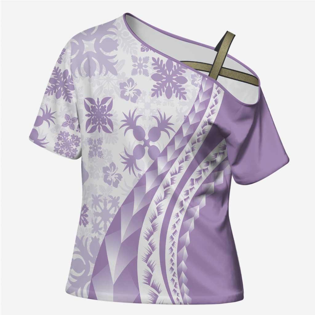 Purple Hawaiian Quilt Pattern Cross Shoulder Shirt Mixed Polynesian Tribal Arty LT9 Female Purple - Polynesian Pride