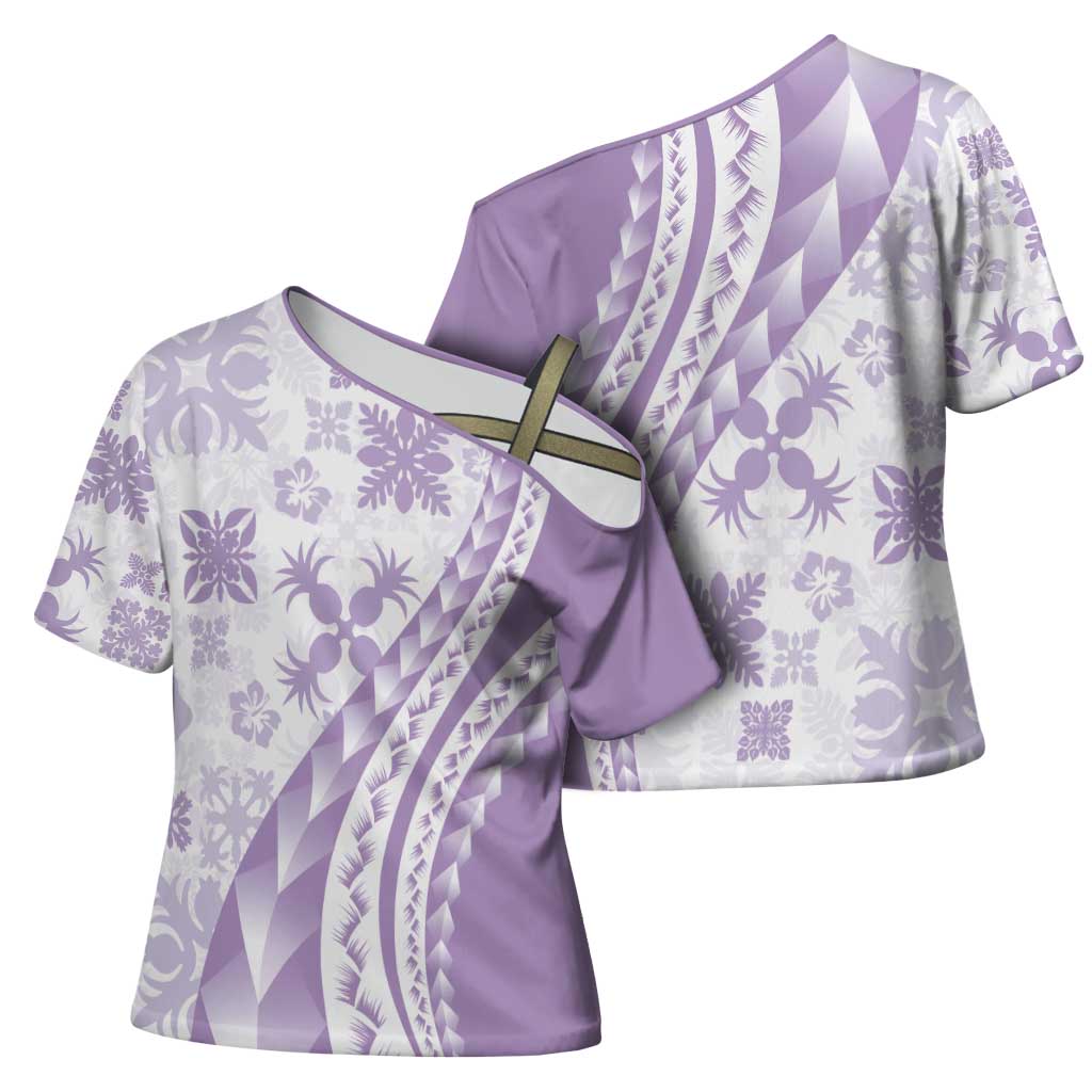 Purple Hawaiian Quilt Pattern Cross Shoulder Shirt Mixed Polynesian Tribal Arty LT9 - Polynesian Pride