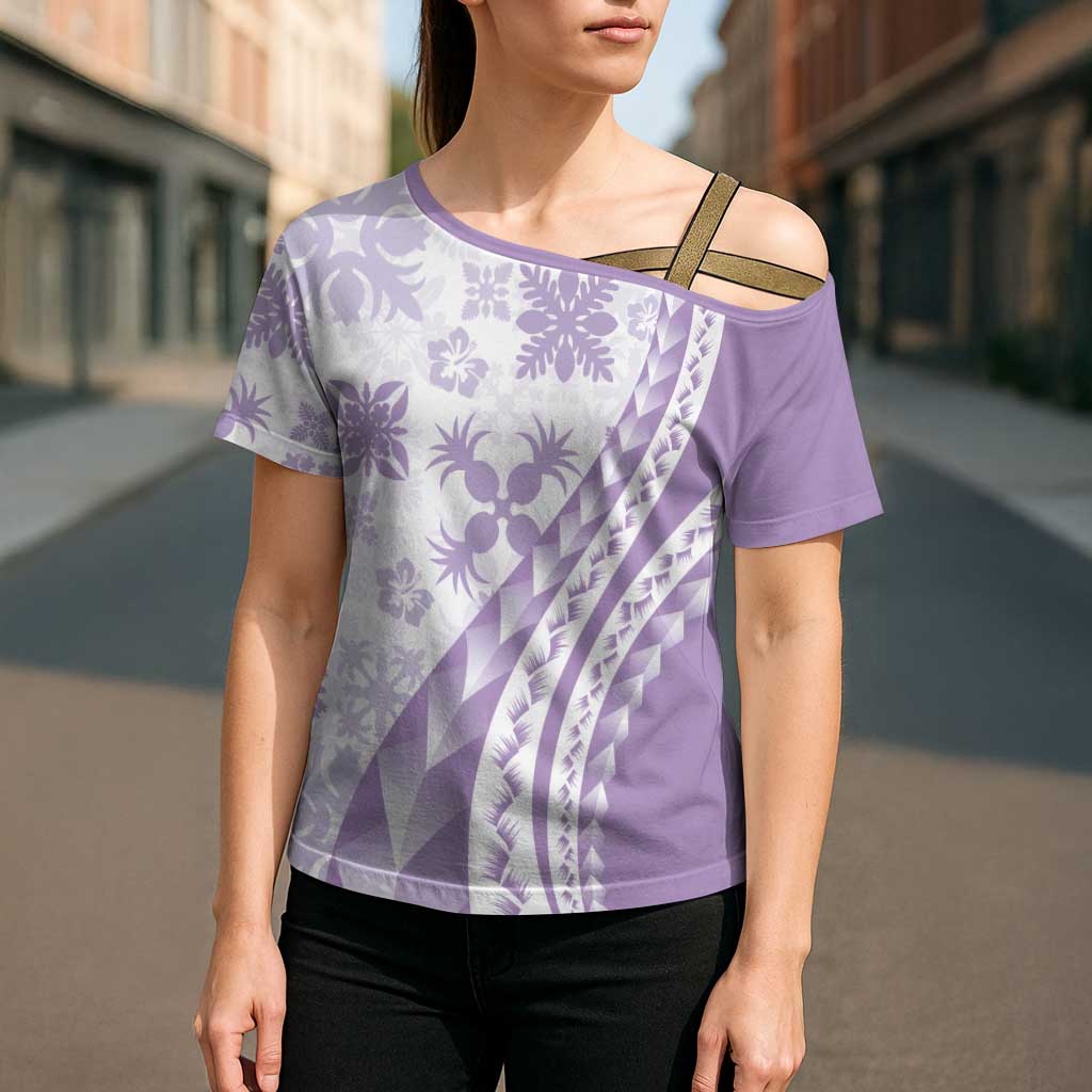 Purple Hawaiian Quilt Pattern Cross Shoulder Shirt Mixed Polynesian Tribal Arty LT9 - Polynesian Pride