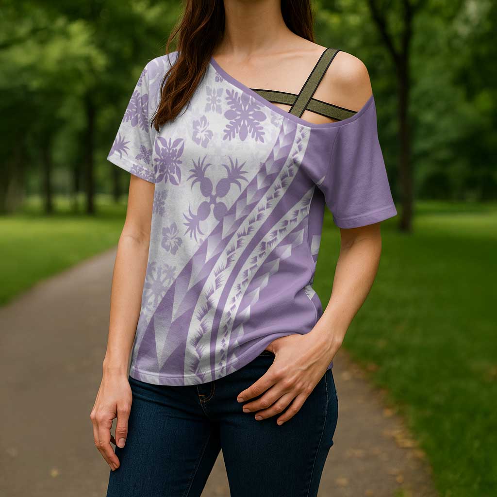 Purple Hawaiian Quilt Pattern Cross Shoulder Shirt Mixed Polynesian Tribal Arty LT9 - Polynesian Pride