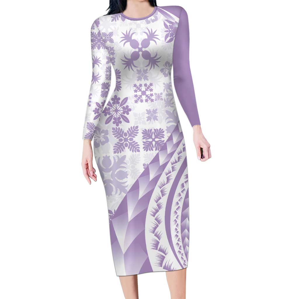Purple Hawaiian Quilt Pattern Long Sleeve Bodycon Dress Mixed Polynesian Tribal Arty LT9 Long Dress Purple - Polynesian Pride