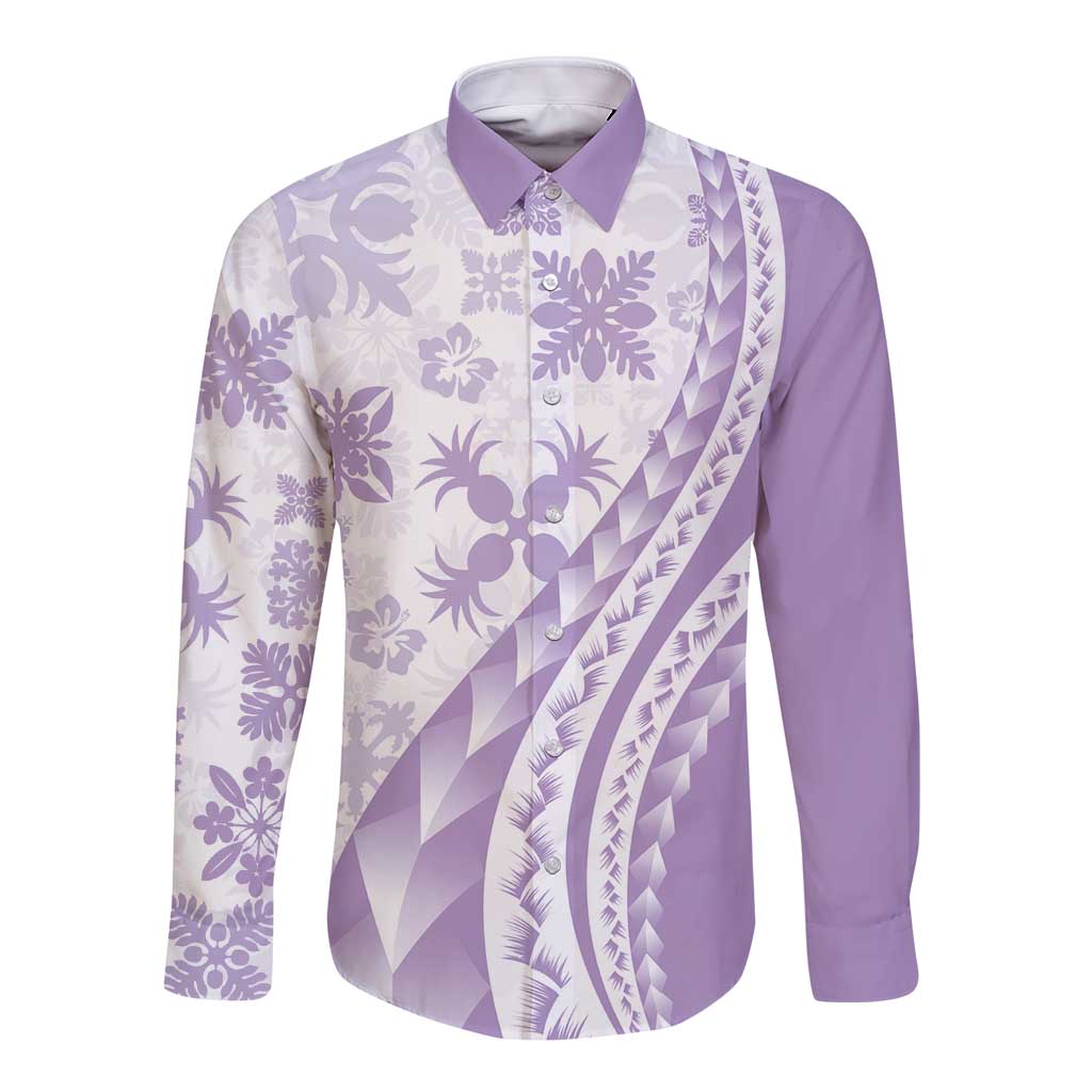 Purple Hawaiian Quilt Pattern Long Sleeve Button Shirt Mixed Polynesian Tribal Arty LT9 Unisex Purple - Polynesian Pride