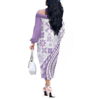 Purple Hawaiian Quilt Pattern Off The Shoulder Long Sleeve Dress Mixed Polynesian Tribal Arty LT9 - Polynesian Pride
