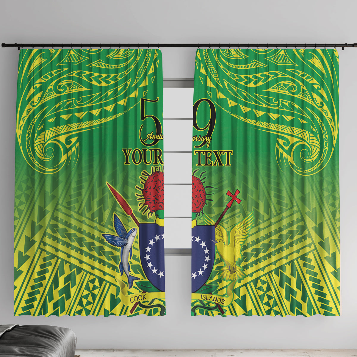 Cook Islands Constitution Day Window Curtain Kuki Airani Since 1965 LT9 With Hooks Green - Polynesian Pride