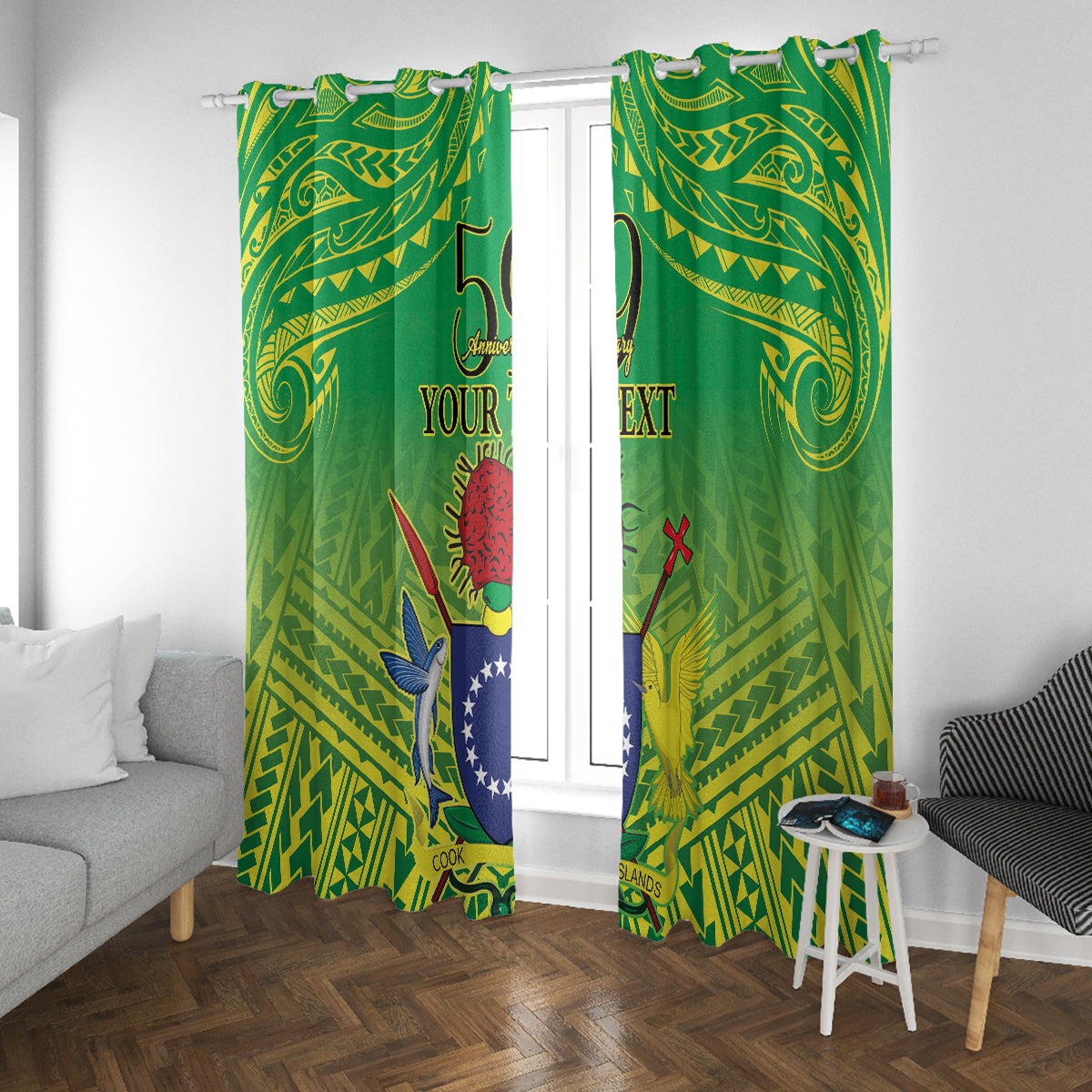 Cook Islands Constitution Day Window Curtain Kuki Airani Since 1965 LT9 With Grommets Green - Polynesian Pride
