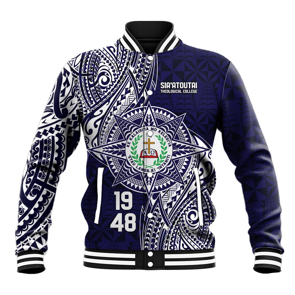 Personalised Tonga Sia'atoutai Theological College Baseball Jacket Since 1948 Special Kupesi Pattern LT9 Unisex Navy - Polynesian Pride
