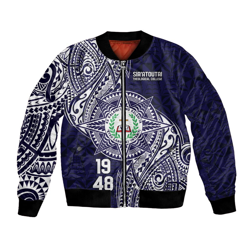 Personalised Tonga Sia'atoutai Theological College Bomber Jacket Since 1948 Special Kupesi Pattern LT9 Unisex Navy - Polynesian Pride