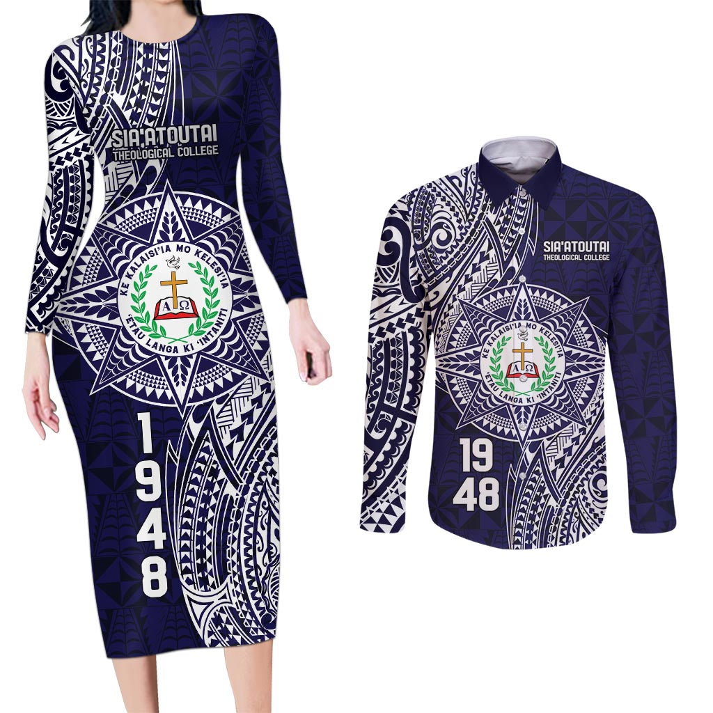 Personalised Tonga Sia'atoutai Theological College Couples Matching Long Sleeve Bodycon Dress and Long Sleeve Button Shirt Since 1948 Special Kupesi Pattern