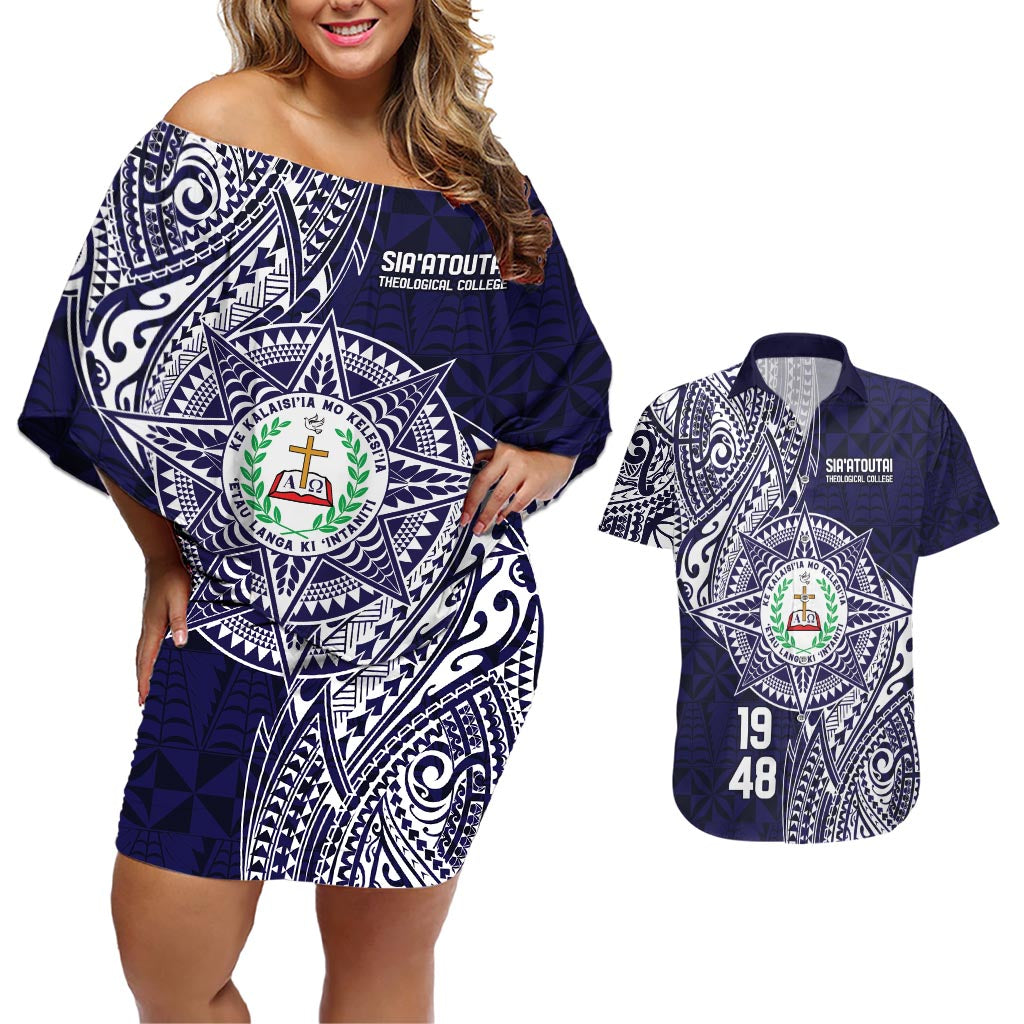 Personalised Tonga Sia'atoutai Theological College Couples Matching Off Shoulder Short Dress and Hawaiian Shirt Since 1948 Special Kupesi Pattern