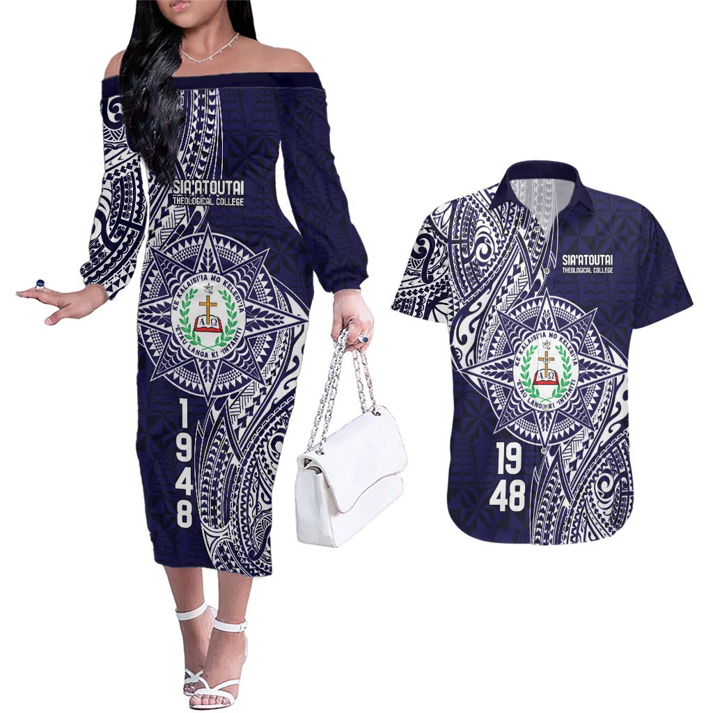 Personalised Tonga Sia'atoutai Theological College Couples Matching Off The Shoulder Long Sleeve Dress and Hawaiian Shirt Since 1948 Special Kupesi Pattern