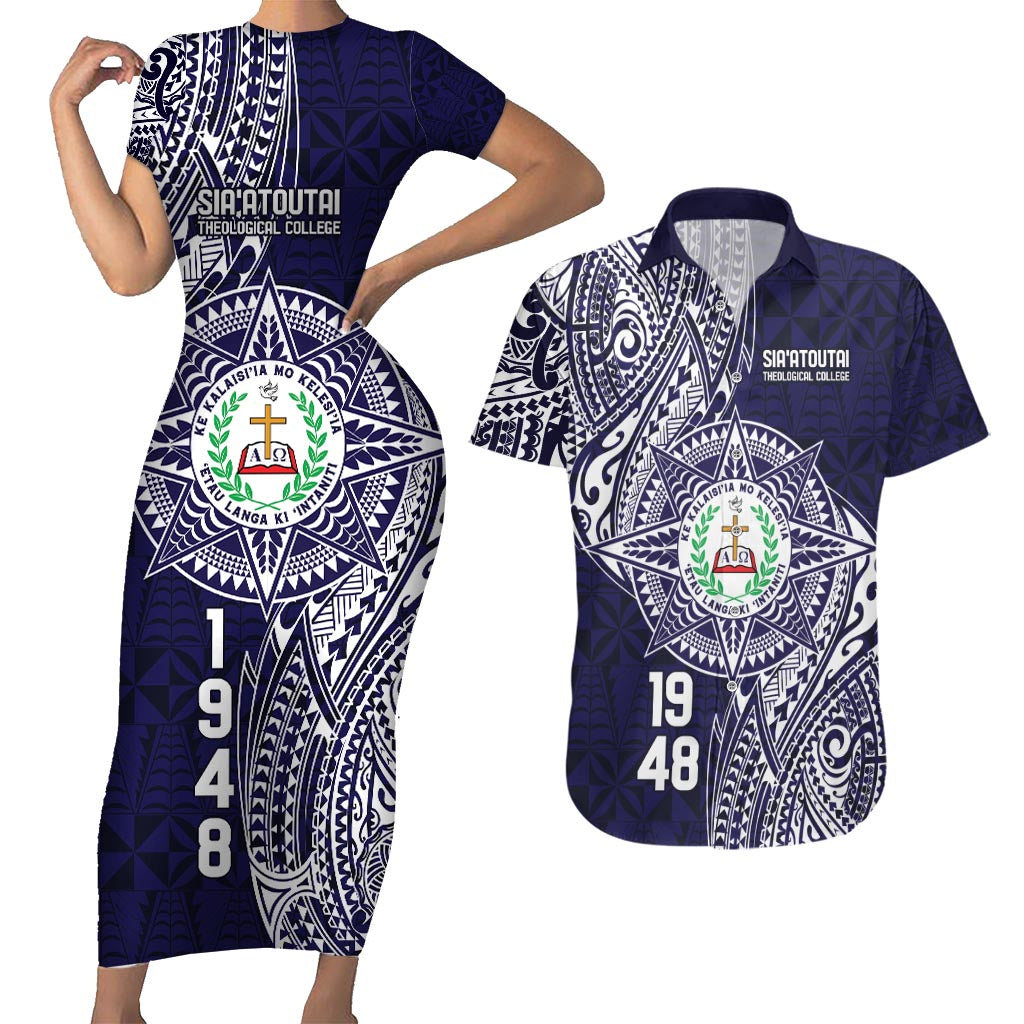 Personalised Tonga Sia'atoutai Theological College Couples Matching Short Sleeve Bodycon Dress and Hawaiian Shirt Since 1948 Special Kupesi Pattern