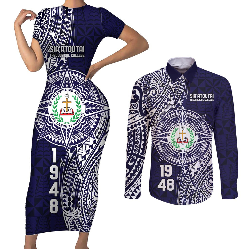 Personalised Tonga Sia'atoutai Theological College Couples Matching Short Sleeve Bodycon Dress and Long Sleeve Button Shirt Since 1948 Special Kupesi Pattern