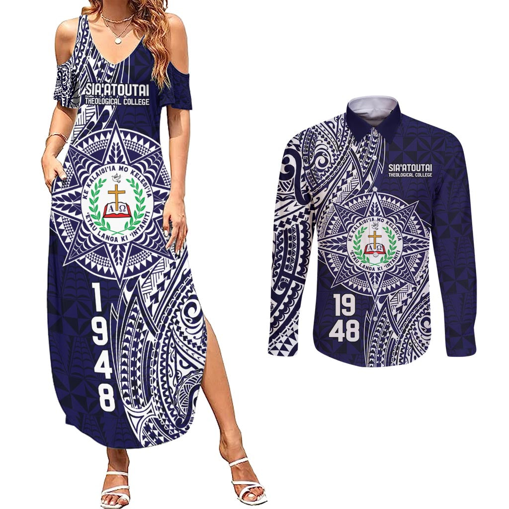 Personalised Tonga Sia'atoutai Theological College Couples Matching Summer Maxi Dress and Long Sleeve Button Shirt Since 1948 Special Kupesi Pattern