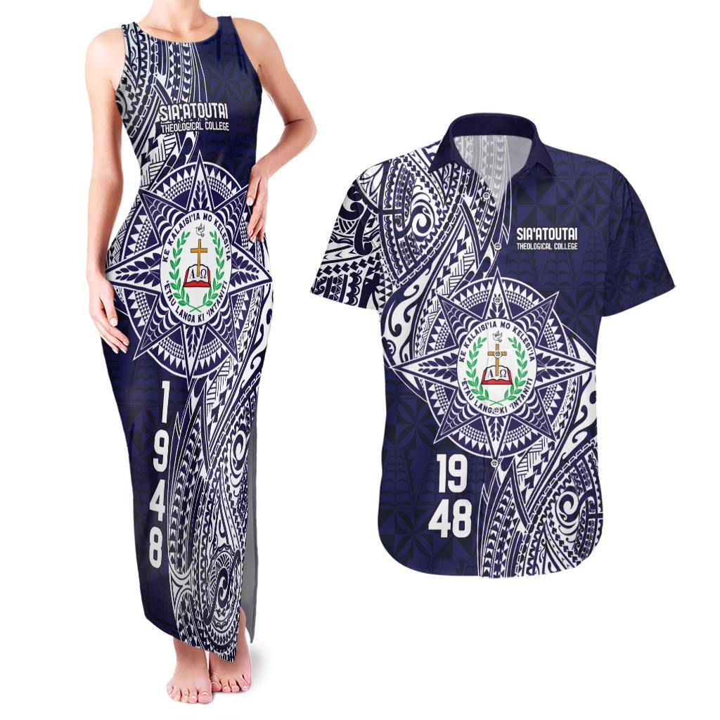 Personalised Tonga Sia'atoutai Theological College Couples Matching Tank Maxi Dress and Hawaiian Shirt Since 1948 Special Kupesi Pattern