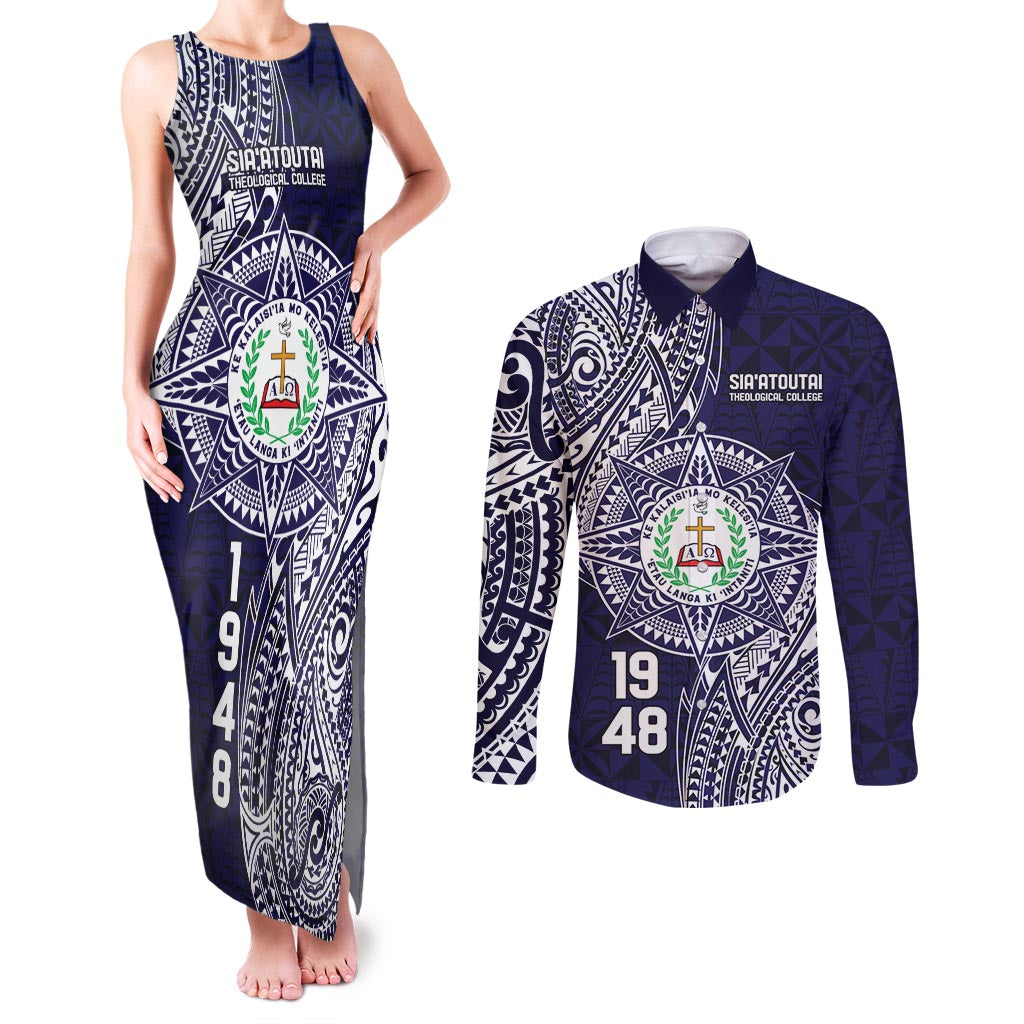 Personalised Tonga Sia'atoutai Theological College Couples Matching Tank Maxi Dress and Long Sleeve Button Shirt Since 1948 Special Kupesi Pattern