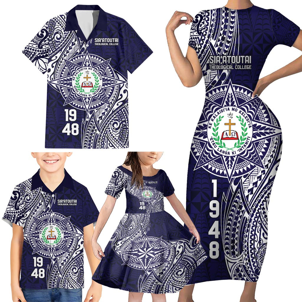 Personalised Tonga Sia'atoutai Theological College Family Matching Short Sleeve Bodycon Dress and Hawaiian Shirt Since 1948 Special Kupesi Pattern