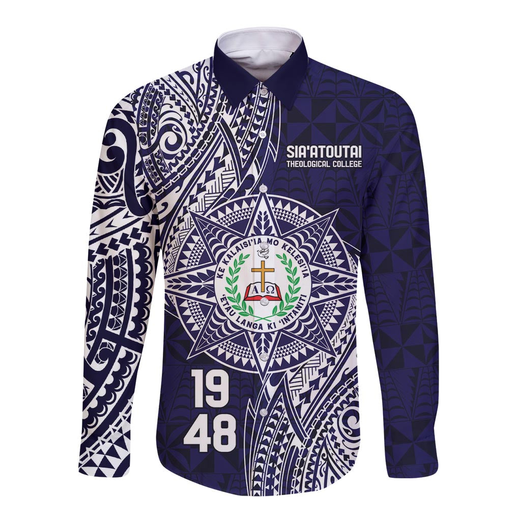 Personalised Tonga Sia'atoutai Theological College Long Sleeve Button Shirt Since 1948 Special Kupesi Pattern LT9 Unisex Navy - Polynesian Pride