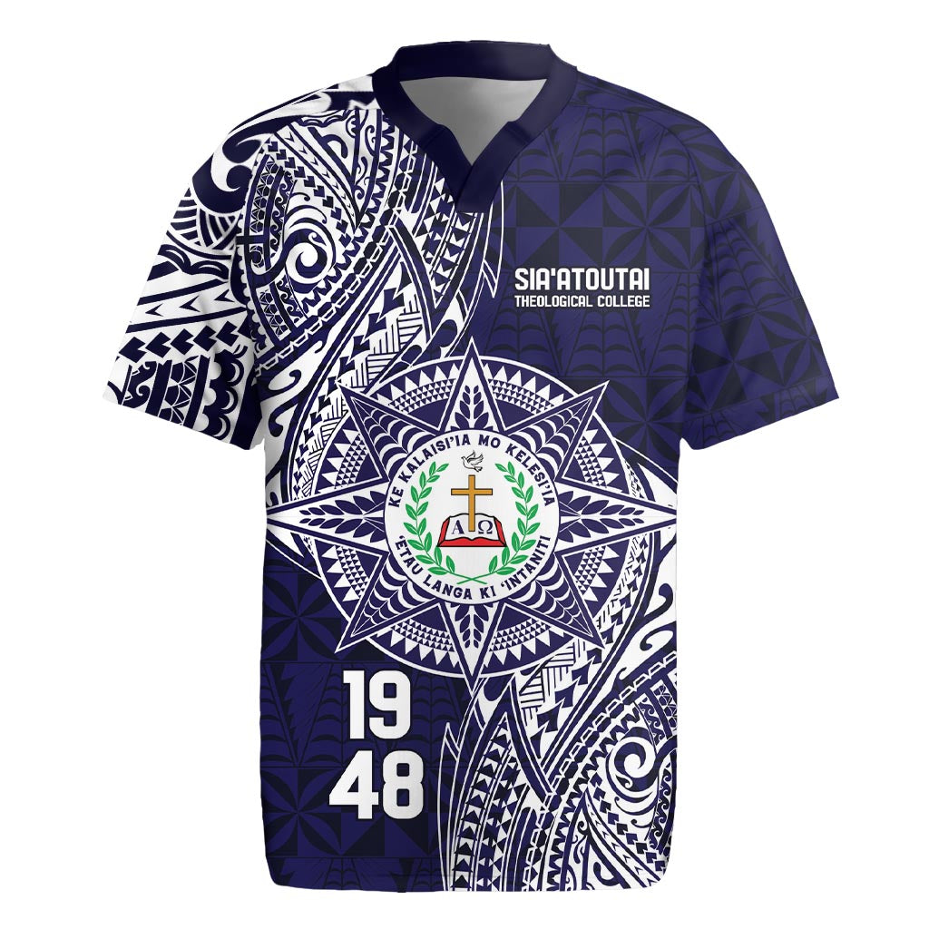 Personalised Tonga Sia'atoutai Theological College Rugby Jersey Since 1948 Special Kupesi Pattern LT9 Navy - Polynesian Pride