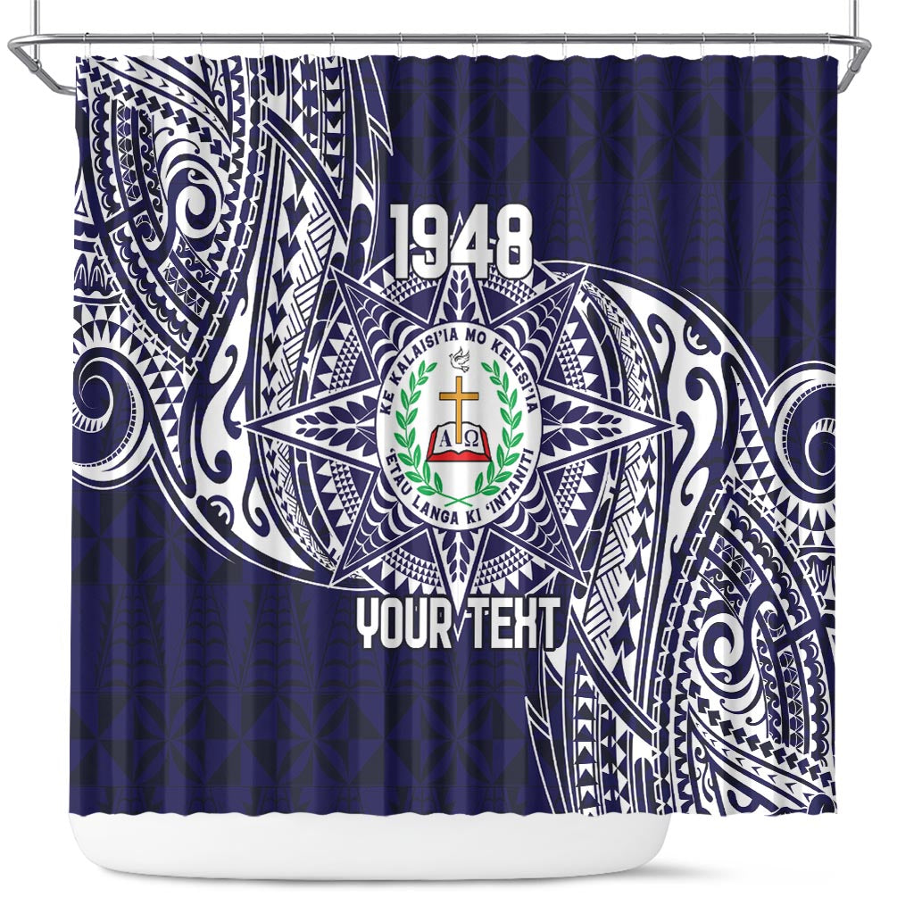 Personalised Tonga Sia'atoutai Theological College Shower Curtain Since 1948 Special Kupesi Pattern LT9 Navy - Polynesian Pride