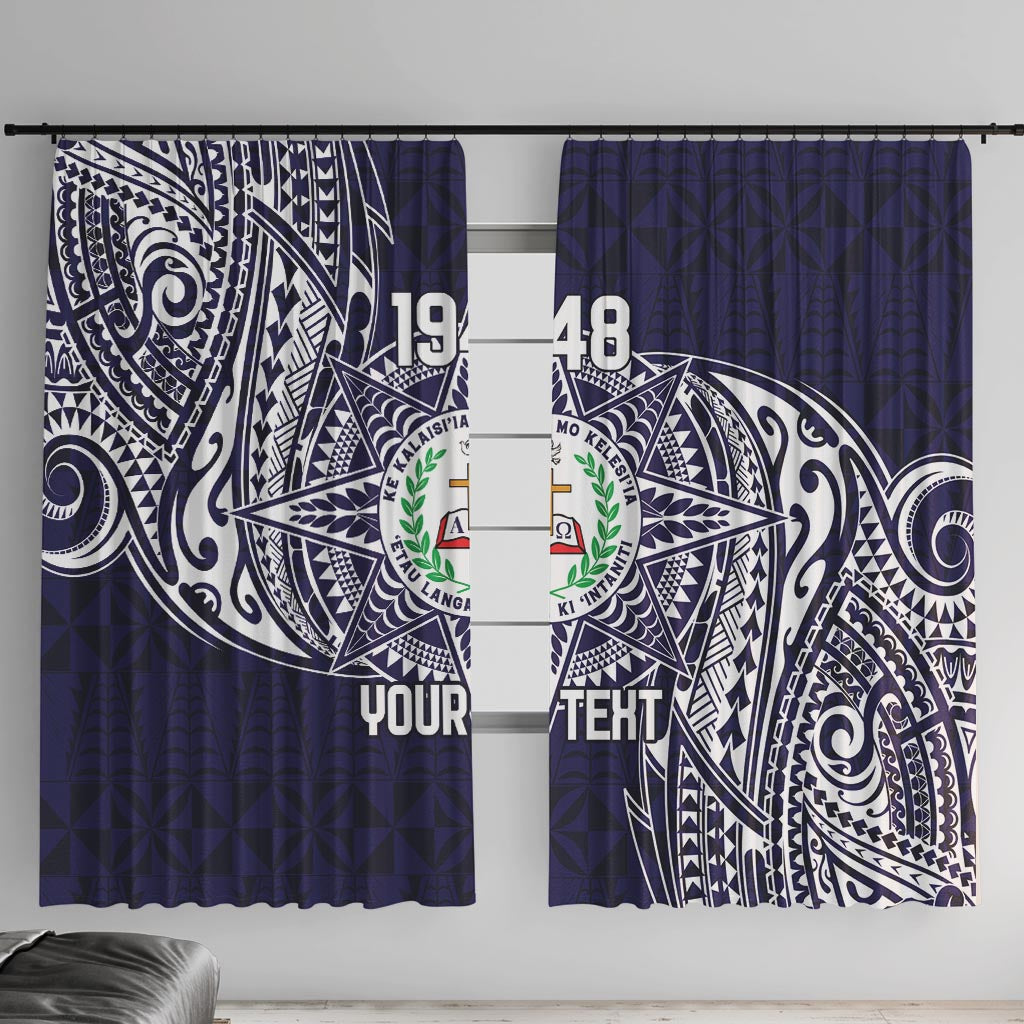 Personalised Tonga Sia'atoutai Theological College Window Curtain Since 1948 Special Kupesi Pattern LT9 With Hooks Navy - Polynesian Pride