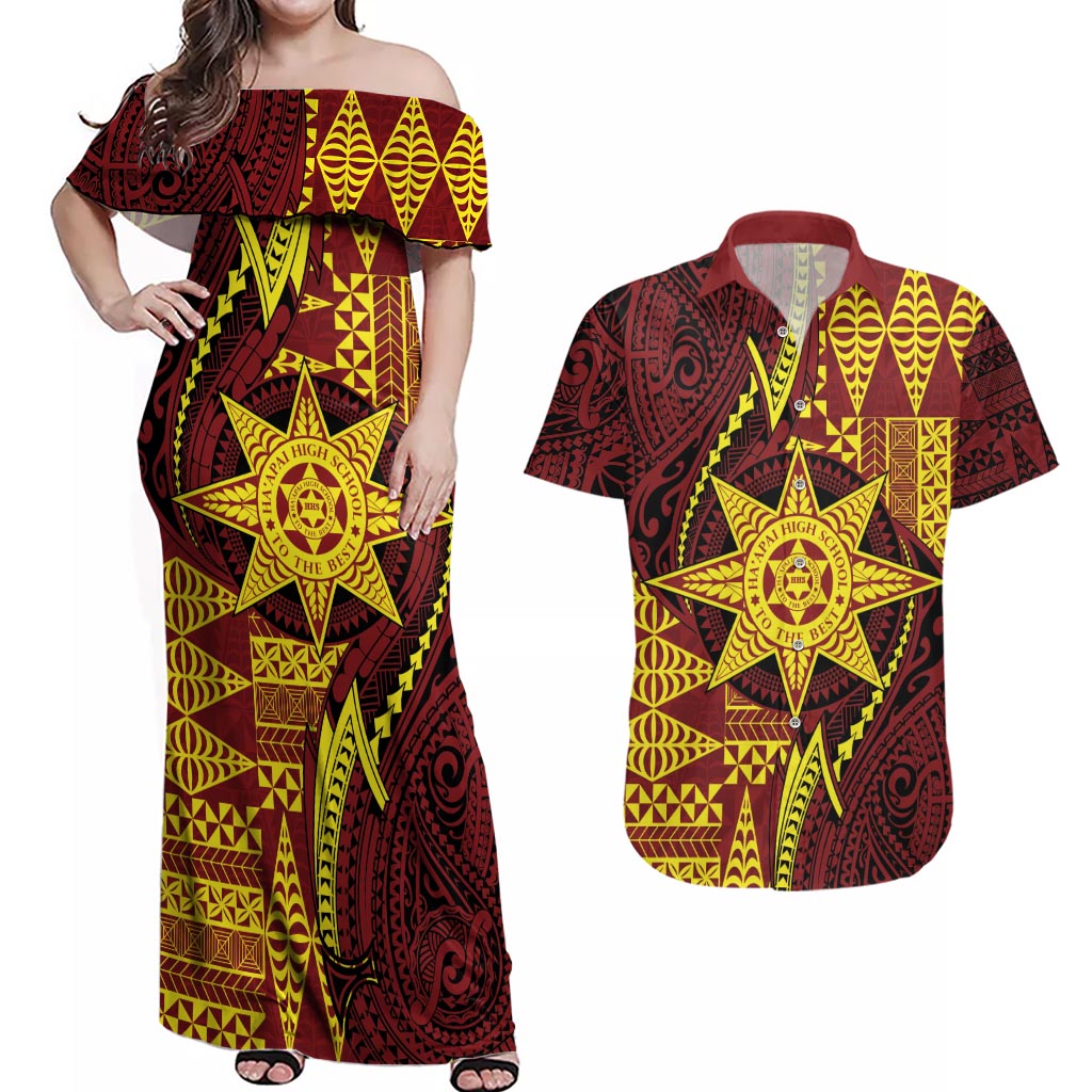 Personalised Tonga Haapai High School Couples Matching Off Shoulder Maxi Dress and Hawaiian Shirt Special Kupesi Pattern