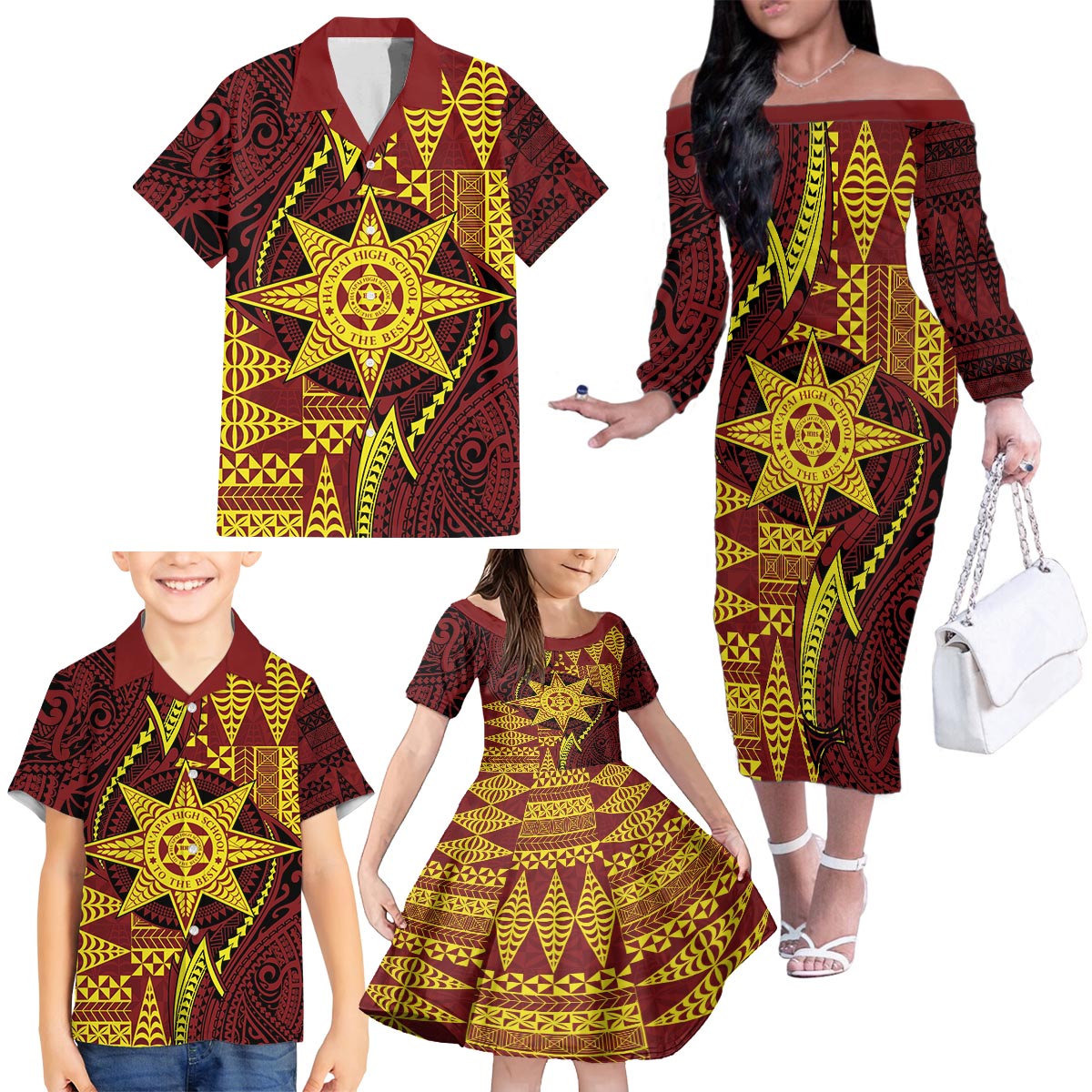 Personalised Tonga Haapai High School Family Matching Off The Shoulder Long Sleeve Dress and Hawaiian Shirt Special Kupesi Pattern