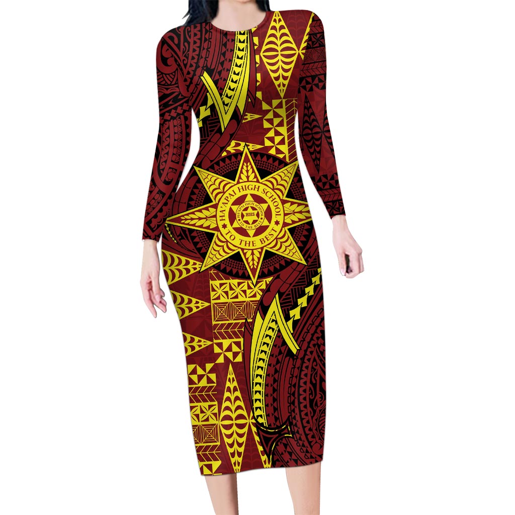 Personalised Tonga Haapai High School Long Sleeve Bodycon Dress Special Kupesi Pattern LT9 Long Dress Gold - Polynesian Pride