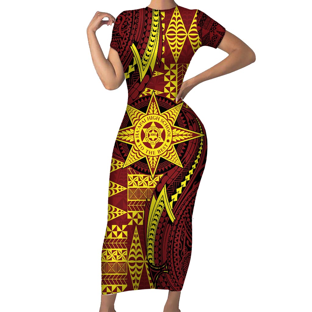 Personalised Tonga Haapai High School Short Sleeve Bodycon Dress Special Kupesi Pattern LT9 Long Dress Gold - Polynesian Pride