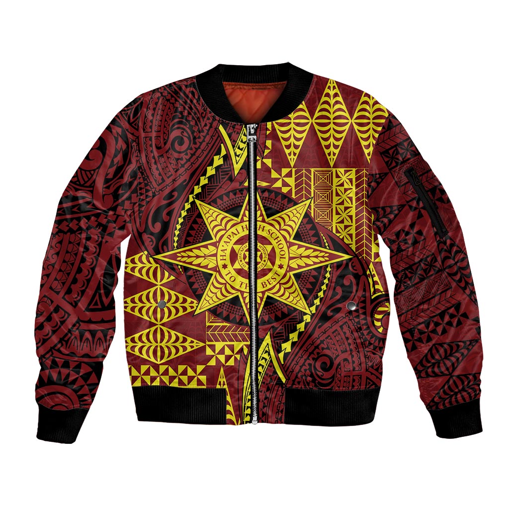 Personalised Tonga Haapai High School Sleeve Zip Bomber Jacket Special Kupesi Pattern LT9 Unisex Gold - Polynesian Pride