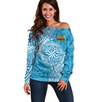 Personalised Tonga Lavengamalie College Off Shoulder Sweater Since 1980 Special Kupesi Pattern LT9 Women Blue - Polynesian Pride