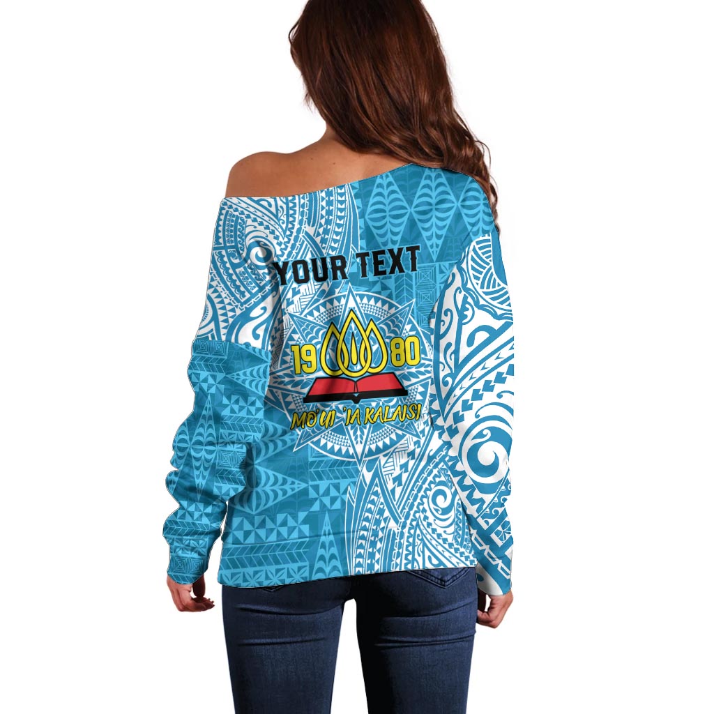 Personalised Tonga Lavengamalie College Off Shoulder Sweater Since 1980 Special Kupesi Pattern LT9 - Polynesian Pride