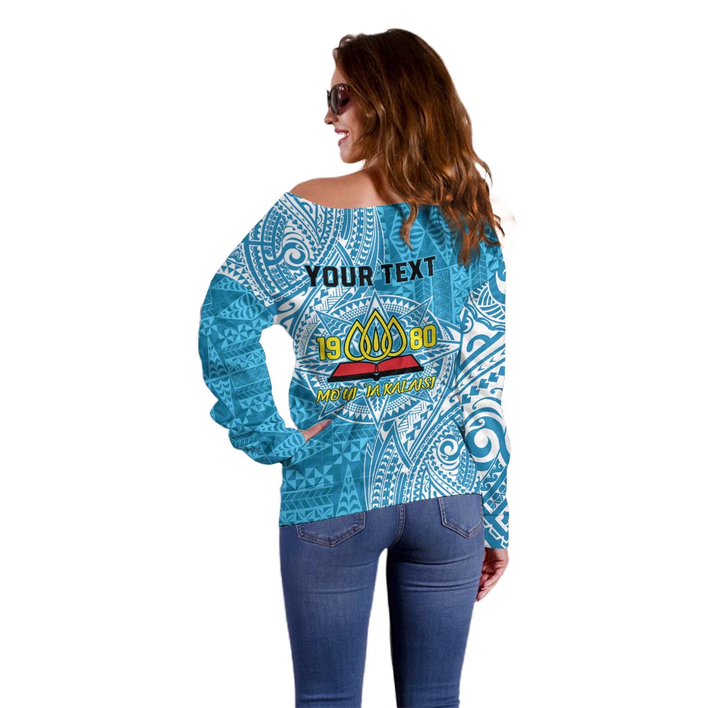 Personalised Tonga Lavengamalie College Off Shoulder Sweater Since 1980 Special Kupesi Pattern LT9 - Polynesian Pride
