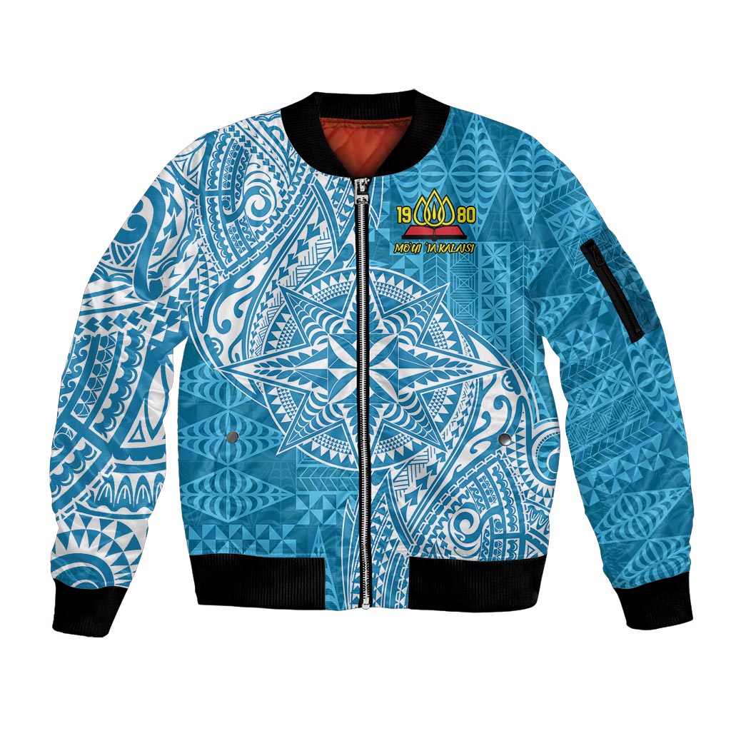 Personalised Tonga Lavengamalie College Sleeve Zip Bomber Jacket Since 1980 Special Kupesi Pattern LT9 Unisex Blue - Polynesian Pride