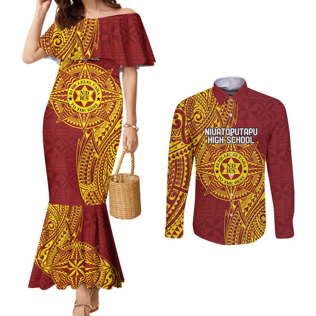 Personalised Tonga Niuatoputapu High School Couples Matching Mermaid Dress and Long Sleeve Button Shirt Special Kupesi Pattern