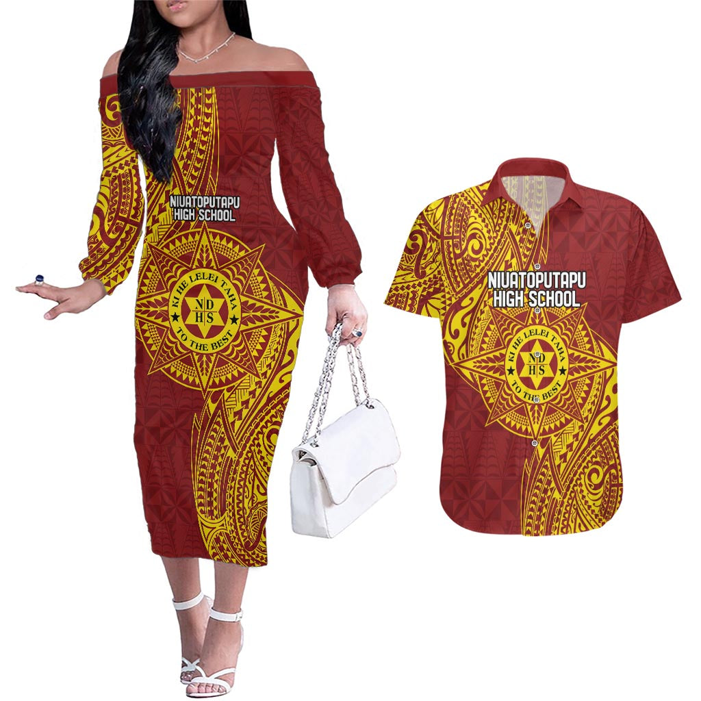 Personalised Tonga Niuatoputapu High School Couples Matching Off The Shoulder Long Sleeve Dress and Hawaiian Shirt Special Kupesi Pattern