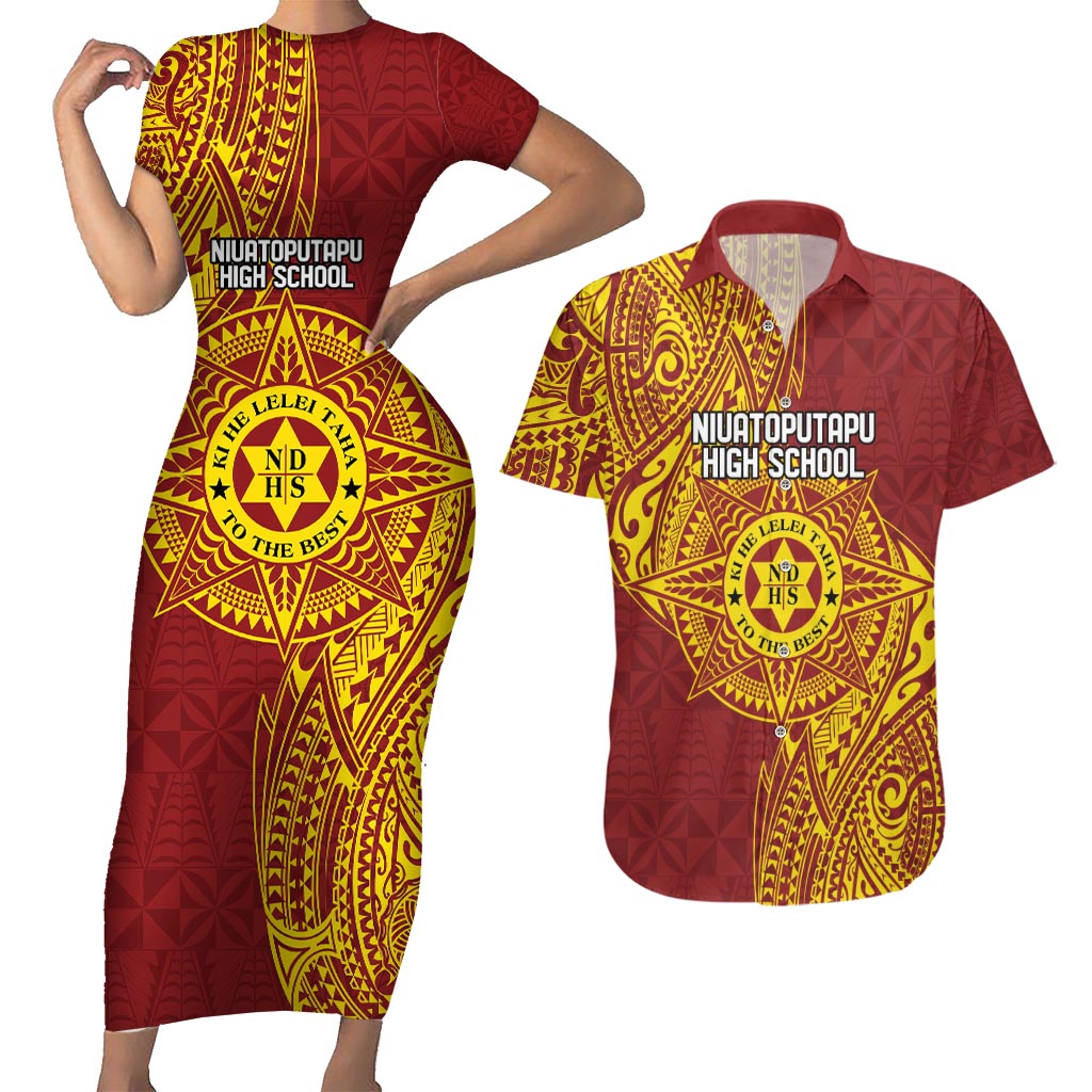 Personalised Tonga Niuatoputapu High School Couples Matching Short Sleeve Bodycon Dress and Hawaiian Shirt Special Kupesi Pattern