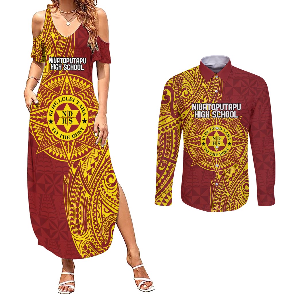 Personalised Tonga Niuatoputapu High School Couples Matching Summer Maxi Dress and Long Sleeve Button Shirt Special Kupesi Pattern