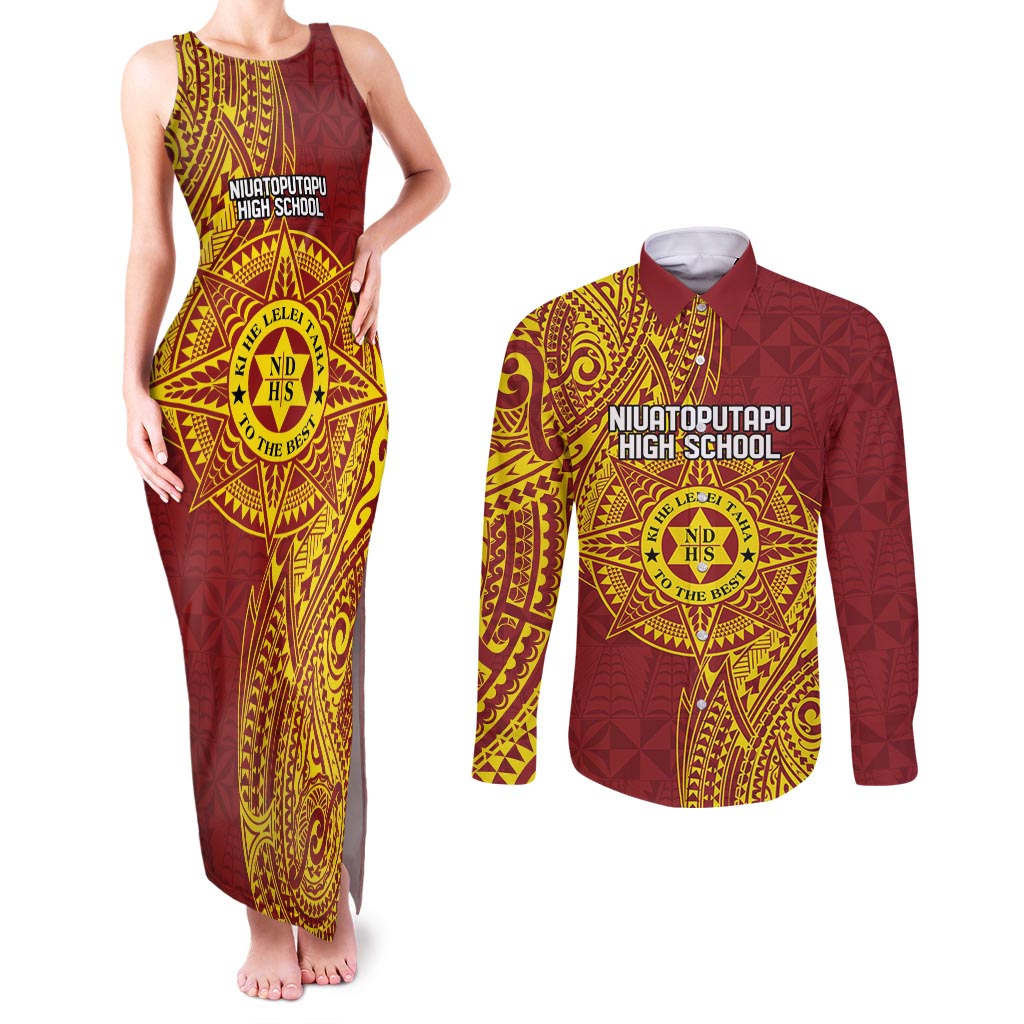 Personalised Tonga Niuatoputapu High School Couples Matching Tank Maxi Dress and Long Sleeve Button Shirt Special Kupesi Pattern