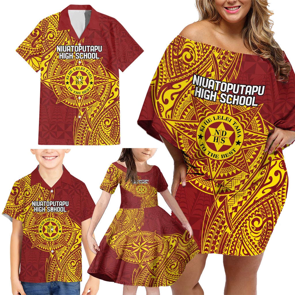 Personalised Tonga Niuatoputapu High School Family Matching Off Shoulder Short Dress and Hawaiian Shirt Special Kupesi Pattern