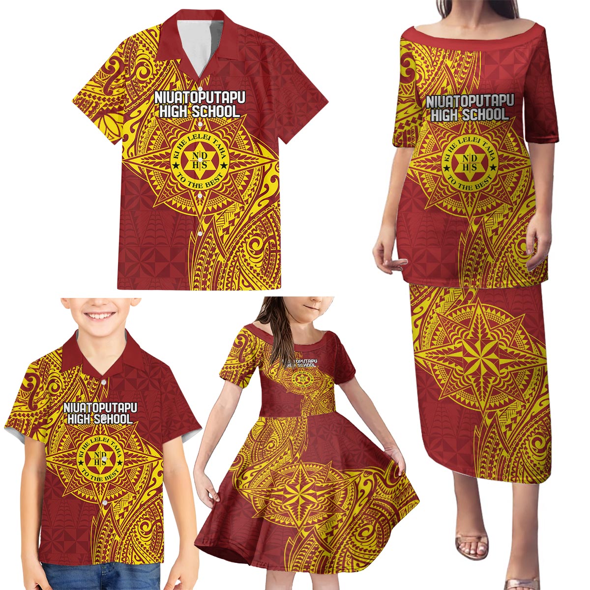 Personalised Tonga Niuatoputapu High School Family Matching Puletasi and Hawaiian Shirt Special Kupesi Pattern