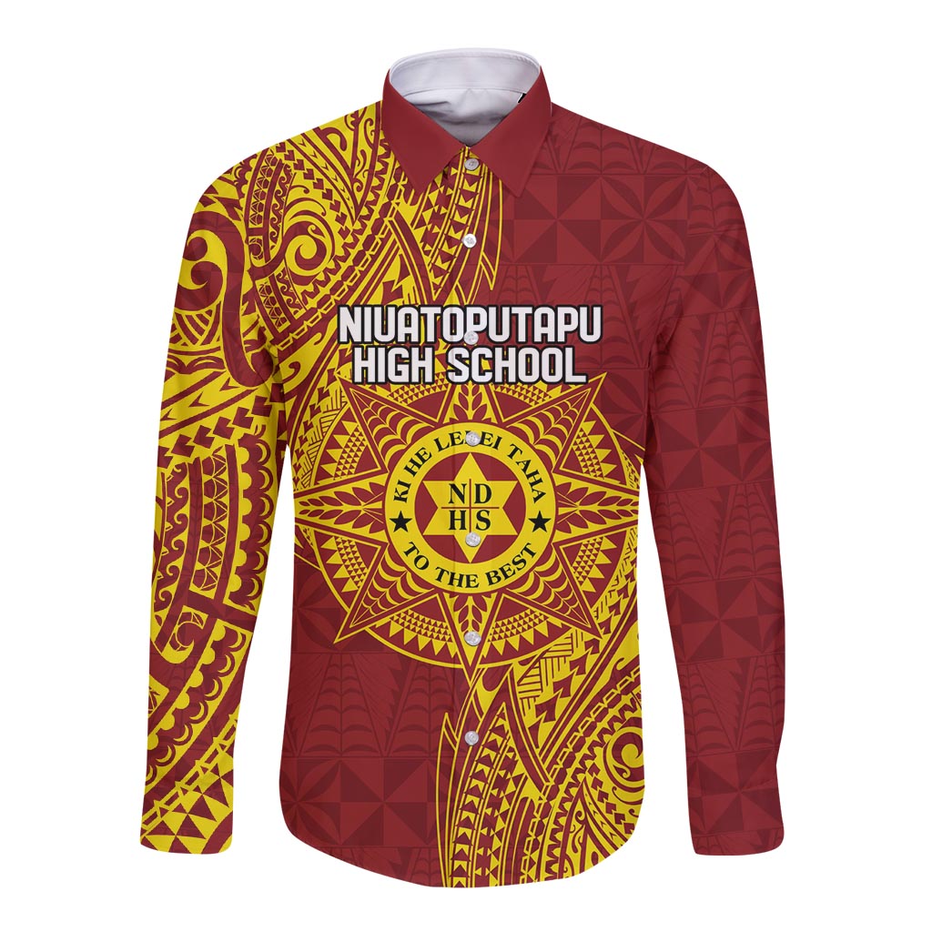 Personalised Tonga Niuatoputapu High School Long Sleeve Button Shirt Special Kupesi Pattern LT9 Unisex Gold - Polynesian Pride