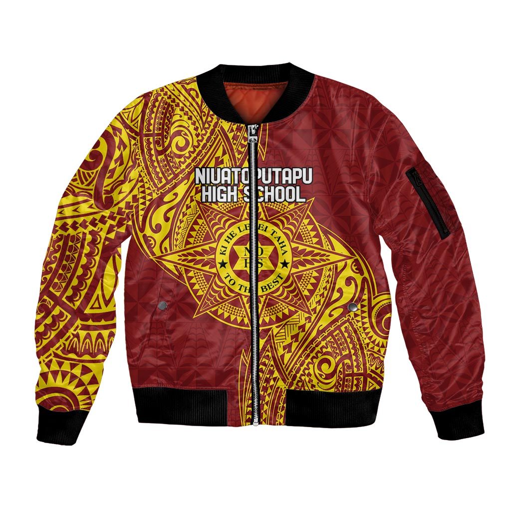 Personalised Tonga Niuatoputapu High School Sleeve Zip Bomber Jacket Special Kupesi Pattern LT9 Unisex Gold - Polynesian Pride