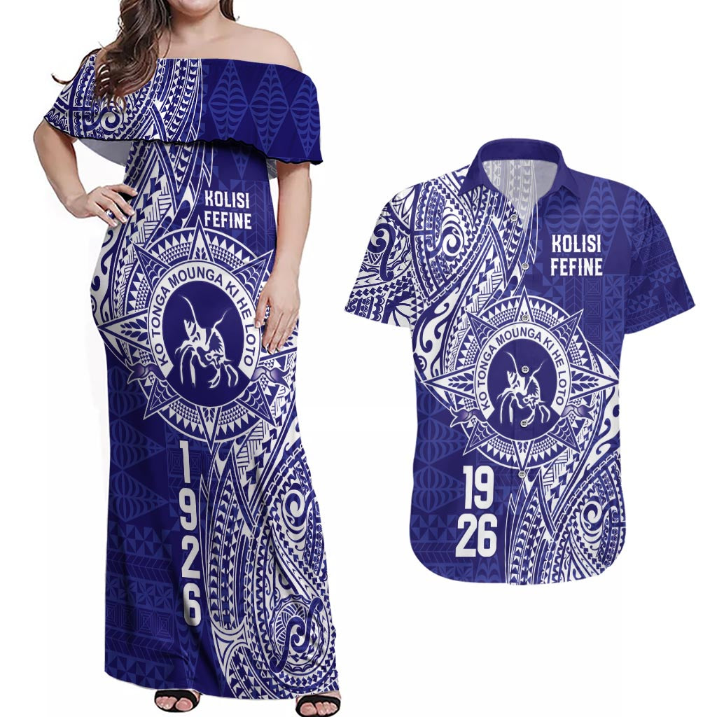 Personalised Tonga Queen Salote College Couples Matching Off Shoulder Maxi Dress and Hawaiian Shirt Kolisi Fefine 1926 Special Kupesi Pattern