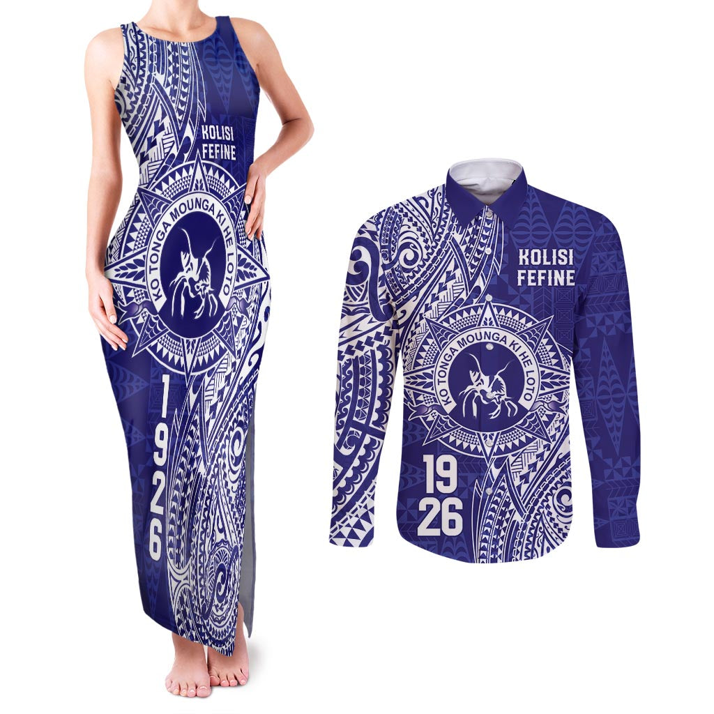 Personalised Tonga Queen Salote College Couples Matching Tank Maxi Dress and Long Sleeve Button Shirt Kolisi Fefine 1926 Special Kupesi Pattern